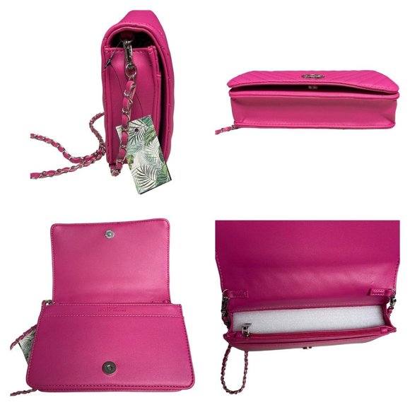 Badgley Mischka Studio Crossbody Purse Hot Pink Quilted Faux Leather Chain NEW - Picture 11 of 16